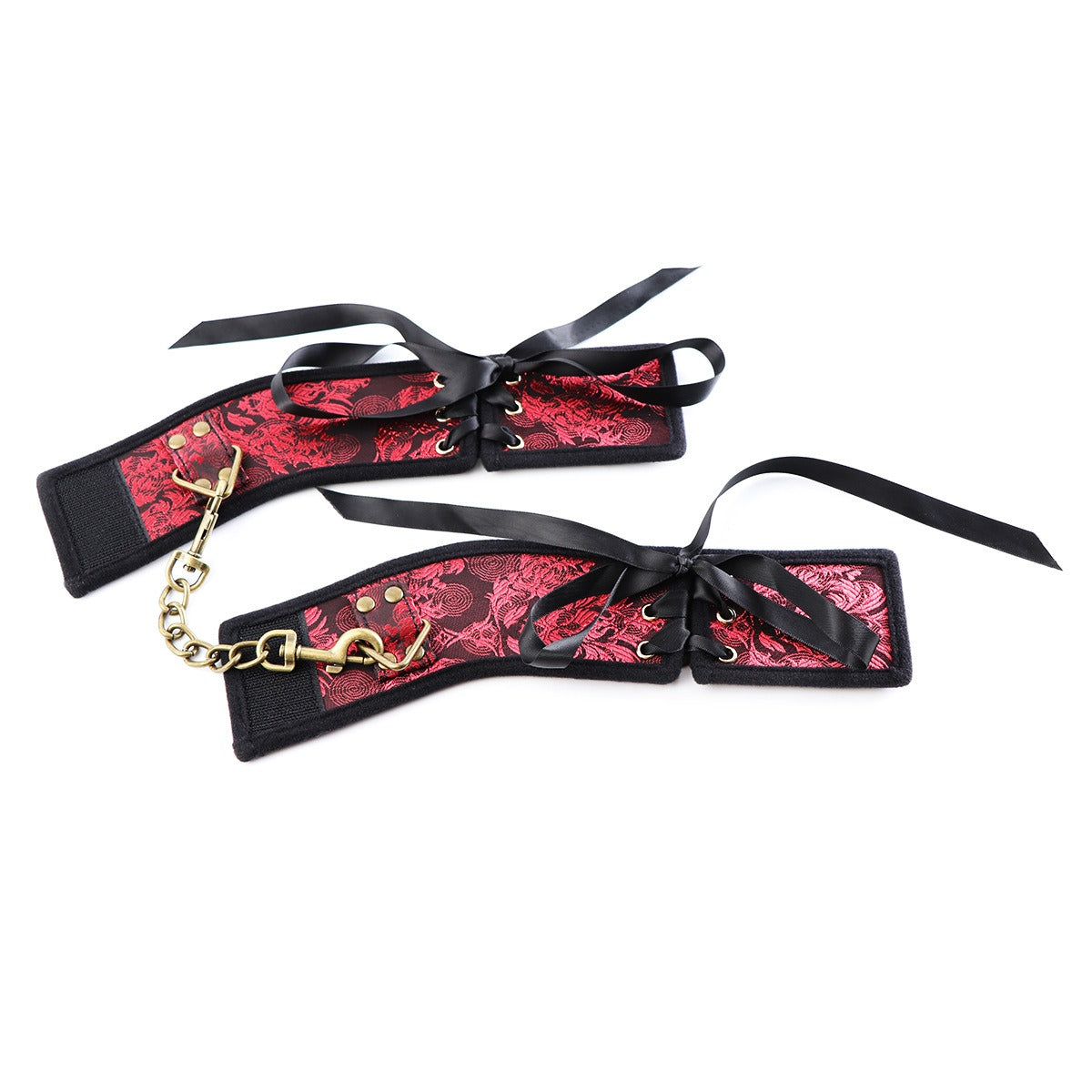 Red Ribbon Gold Handcuffs Velcro Hand Binding for BDSM and sensual play