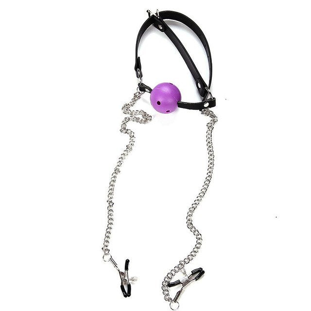 Ball gag with adjustable nipple clamps for BDSM bondage play