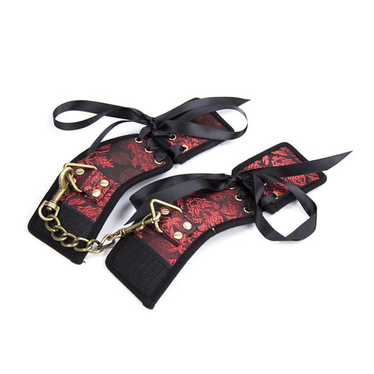 Red Ribbon Gold Handcuffs Velcro Hand Binding for BDSM and sensual play