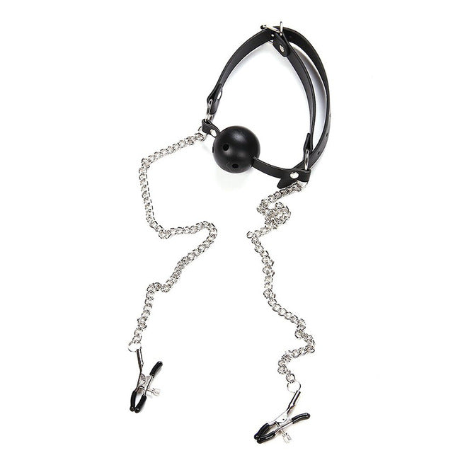 Ball gag with adjustable nipple clamps for BDSM bondage play