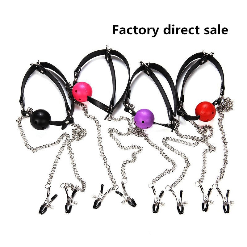 Ball gag with adjustable nipple clamps for BDSM bondage play