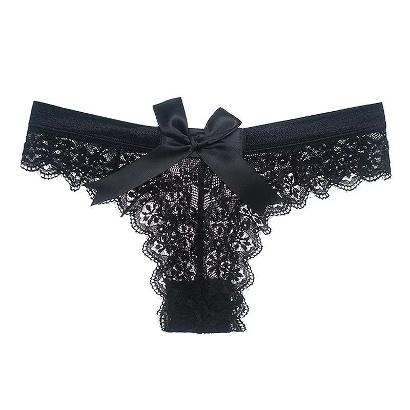 European & American Sexy Lace Transparent Bow Underpants Briefs featuring sheer lace fabric and a charming front bow detail.