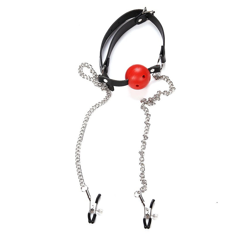 Ball gag with adjustable nipple clamps for BDSM bondage play