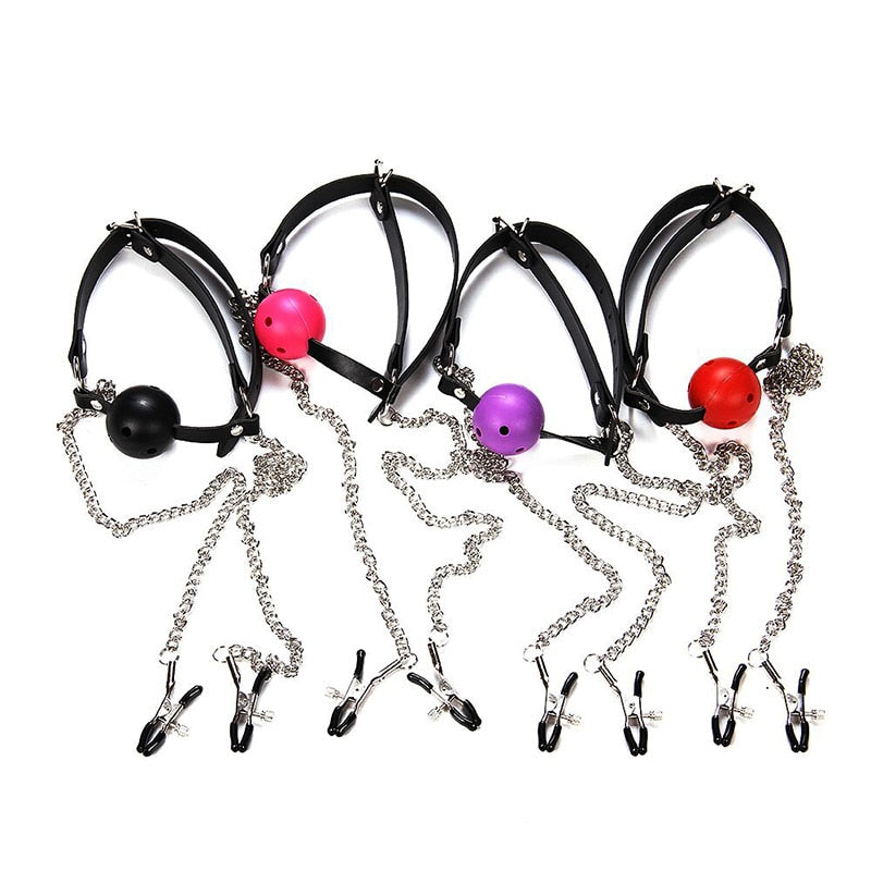 Ball gag with adjustable nipple clamps for BDSM bondage play