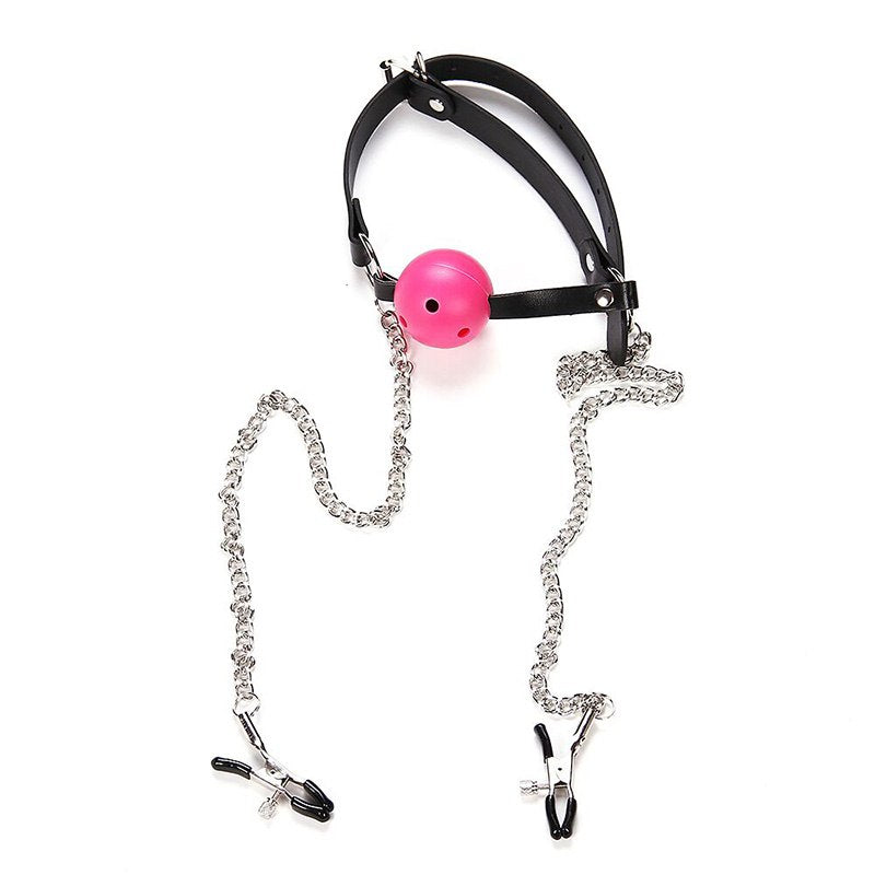 Ball gag with adjustable nipple clamps for BDSM bondage play