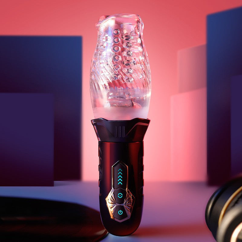 Rotating airplane cup with transparent design and vibrating glans stimulation for ultimate male pleasure.