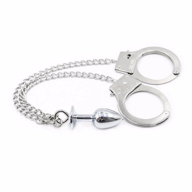 Metal Bondage Handcuffs with Anal Plug for BDSM and Fetish Play