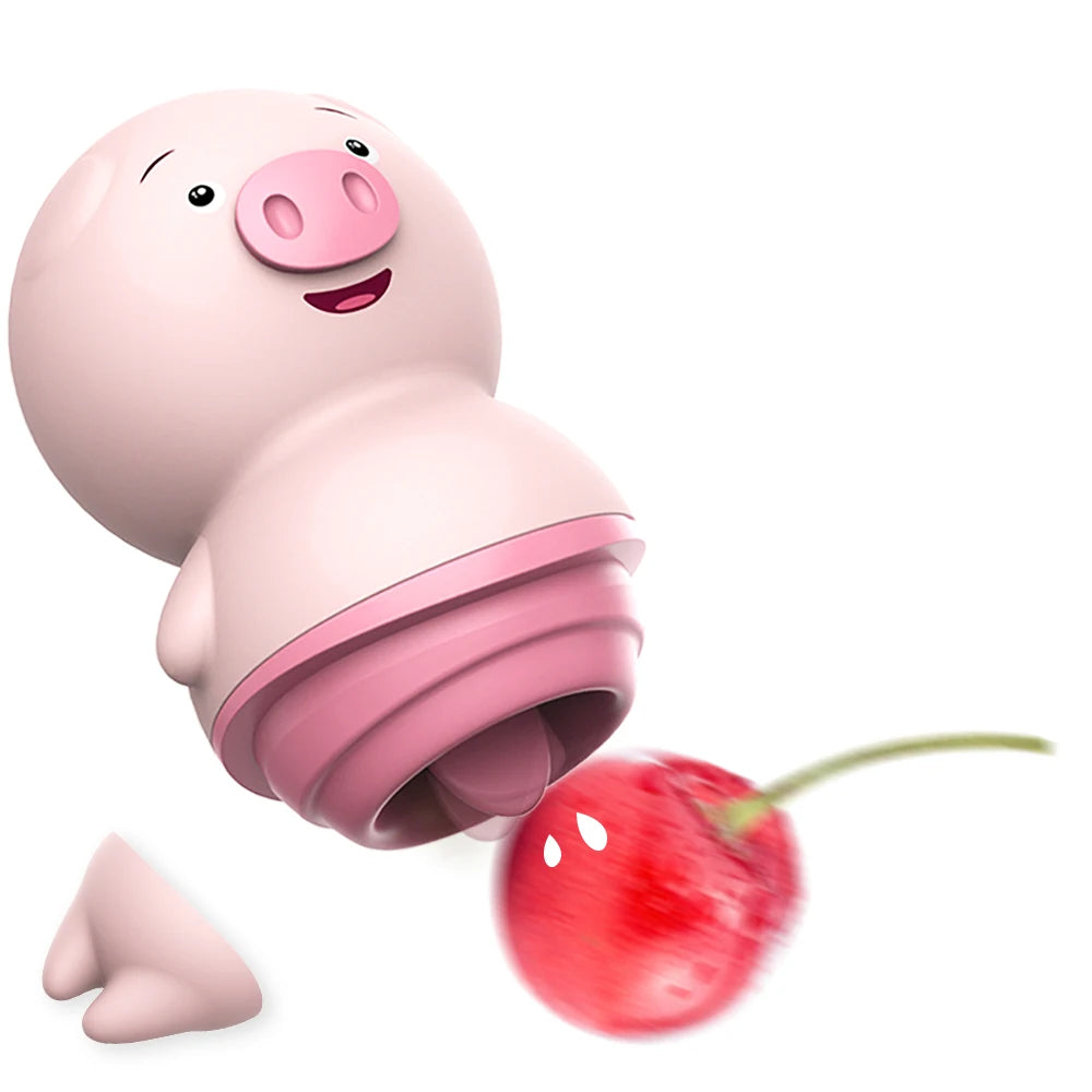 Cute pig tongue licking vibrator with 6 adjustable modes for clitoral and nipple stimulation.