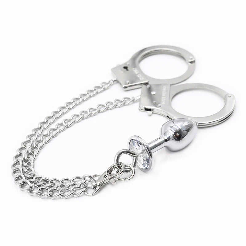 Metal Bondage Handcuffs with Anal Plug for BDSM and Fetish Play